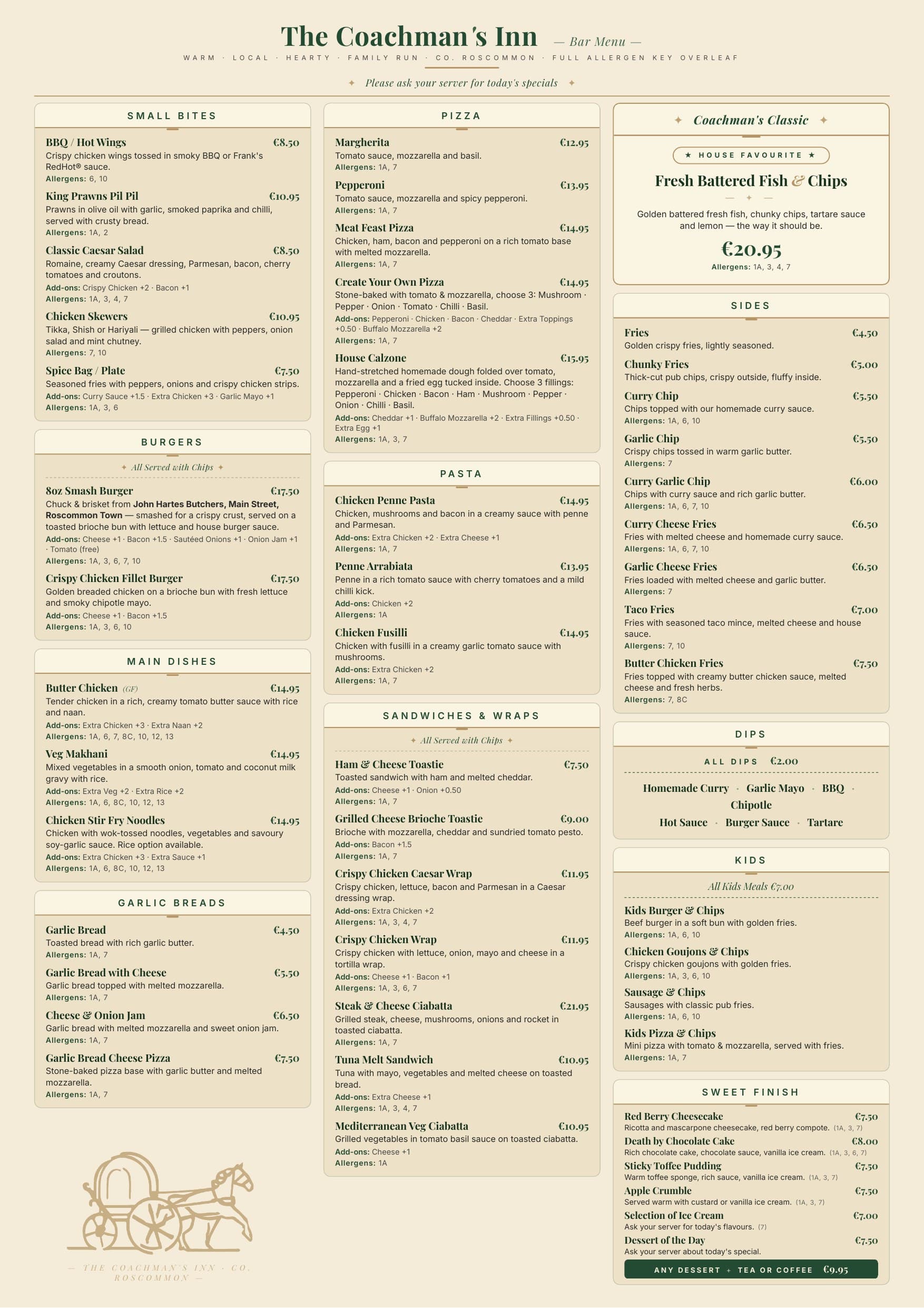 The Coachman's Inn printed bar menu